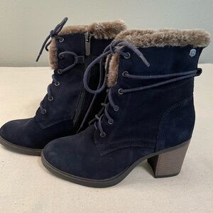 Women's Navy Suede Ankle Heel Boots with Faux Fur Lining